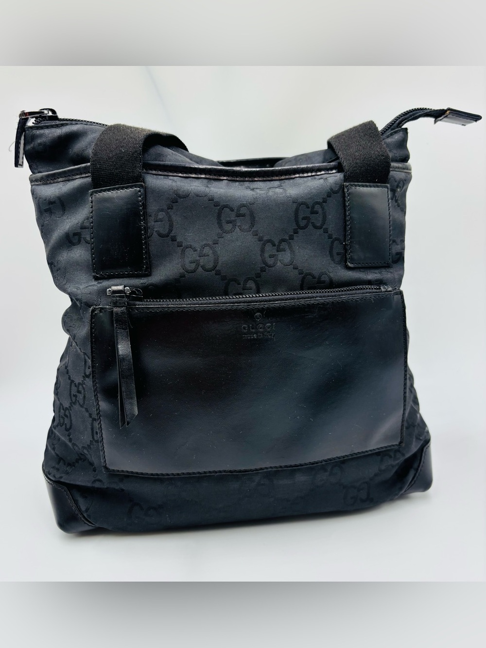 Vintage Gucci Black GG Logo Nylon and Leather Tote